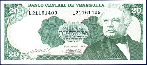 Billete De 20 Bolívares L8 Septiembre 7 1989 Páez