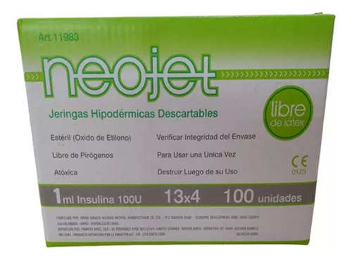 Jeringa Neojet 1ml Insulina 100u C/aguja 13x4 X 100 Unidades