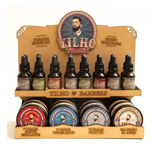 Kit Barberia Barba Ceras Pomadas Aceites Yilho Con Exhibidor