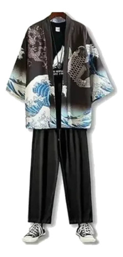 Kimono Yukata Verde Bordado Japonés Para Hombre, 3 Piezas [u