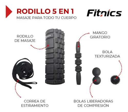 Rolo Rodillo Fitnics foam roller masajeador pilates set full color negro