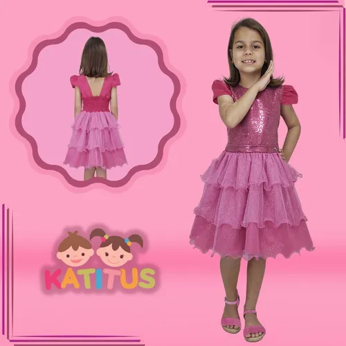 Vestido Infantil Barbie Rosa Pink Brilho Aniversário Temático