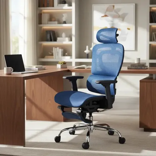 Cadeira De Escritório Ergonômica Mônaco Bt07 Luvinco Malha Respirável Com Suporte Lombar Adaptável Apoio Para Pés Retrátil Encosto Ajustável Seis Posições Cor Azul Suporta 200kg
