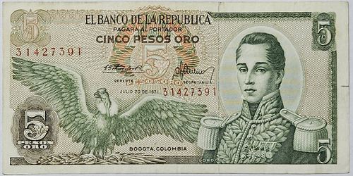 Billete 5 Pesos 20/jul/1971 Colombia Vf-xf