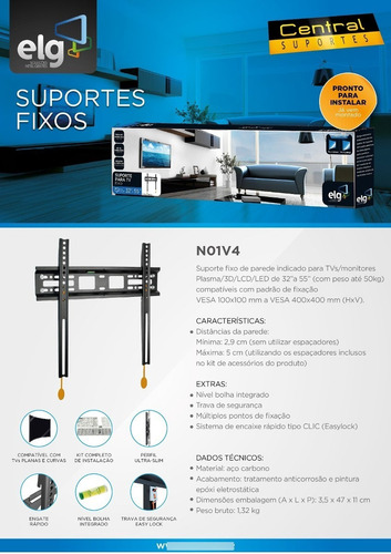 Imagem 2 de 8 de Suporte Tv Parede 32 A 65 Fixo N01v4 ELG Led Oled Curva