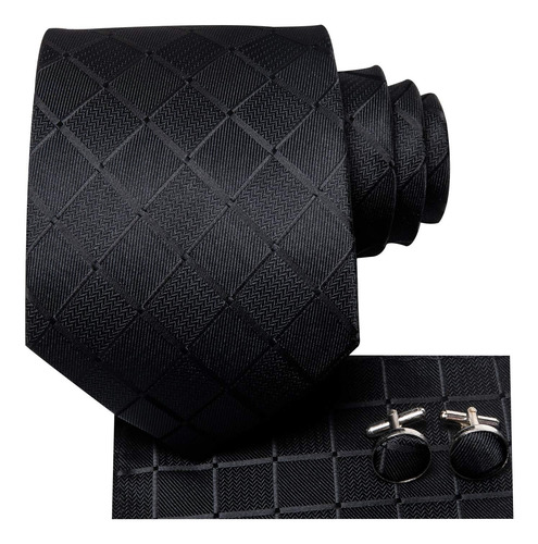 Set De Corbata , Panuelo Y Gemelos Hi-tie Seda Black Plaid