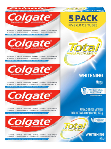 Pasta De Dientes Colgate Total Whitening 170 G, Paquete De 5