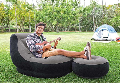 Poltrona Inflável Ultra Lounge Com Pufe Cinza E Preto