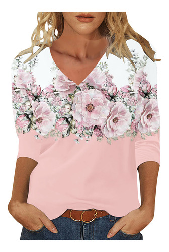 Q Top Casual Estampado Con Botones Y Cuello En V Para Mujer