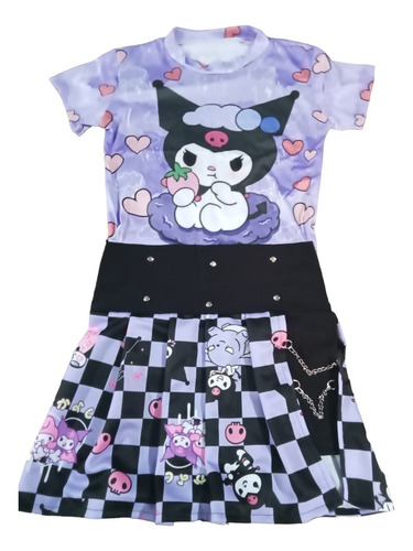 Conjunto Falda Short Con Camisa Kuromi Juvenil Moda Kawai 