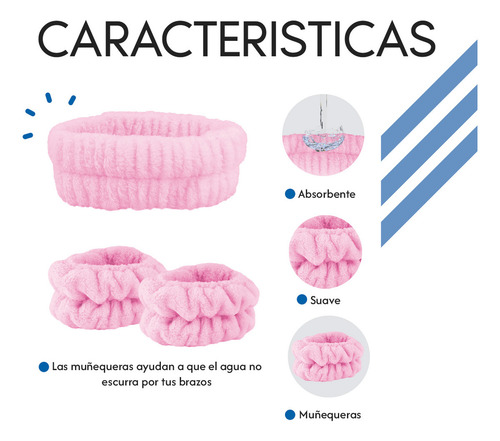 Diler Kit 5 Piezas Diadema Y Muñequeras Para Skincare Maquillaje Mascarilla Spa De Microfibra Liso Color Rosa