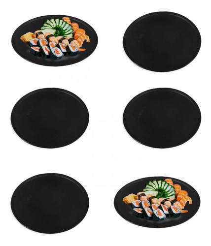 Kit 6 Pratos 25cm Raso Em Melamina/plástico Preto Para Sushi