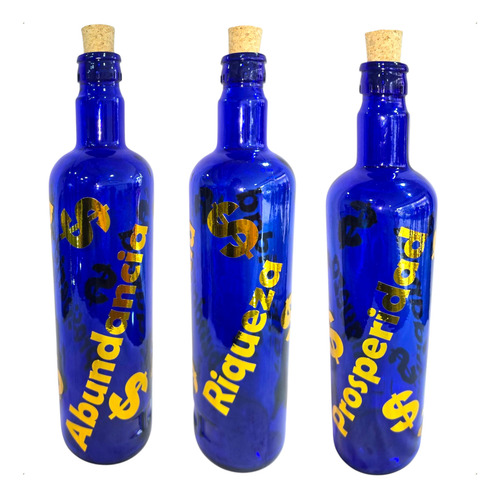3 Botellas De Vidrio Azul Prosperidad,riqueza Y Abundancia Azul