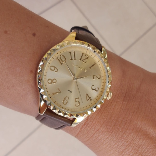 Relogio Lince Feminino Dourado Grande Pulseira Couro Numeros