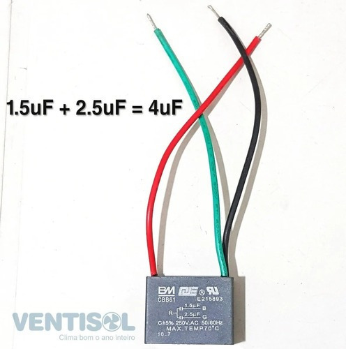 Imagem 1 de 2 de Capacitor Original Ventilador Teto Ventisol 1,5+2,5 Uf 127 V