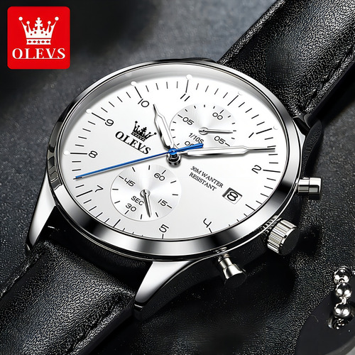 Olevs Reloj Cronógrafo De Cuero Impermeable Para Hombre