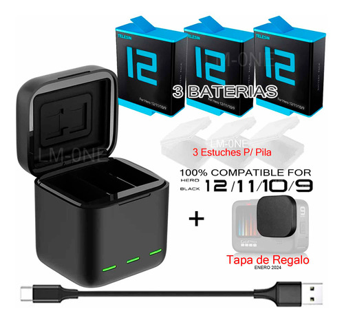 3 Pilas+ Cargador Baterias Para Gopro Hero 12 11, 10 9 Black