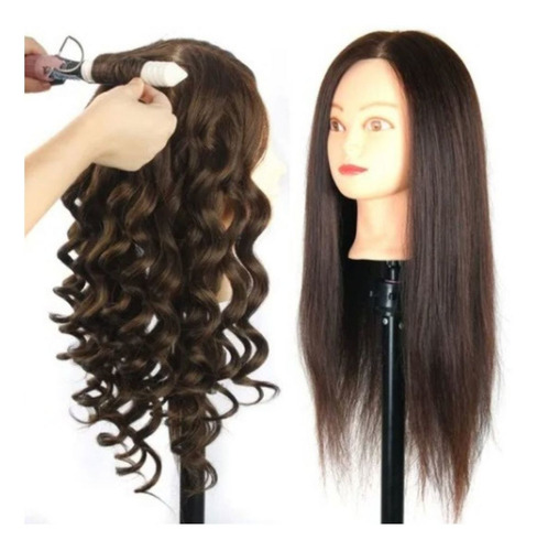 Cabeça Boneca Manequim P/ Treino Cabelo Misto + Suporte Cor Castanho