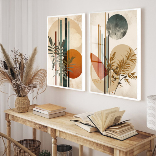 Kit Quadros Decorativos Pôster Abstrato Folhas Moderno Vidro