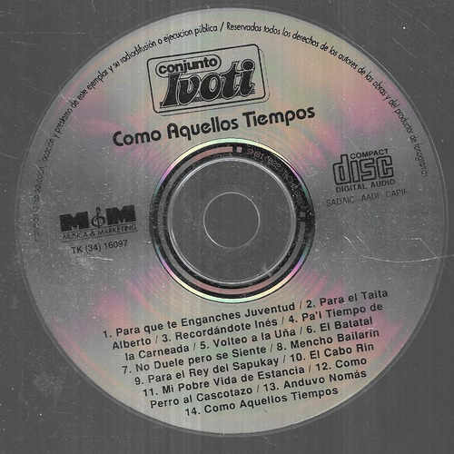 Conjunto Ivoti Album Como Aquellos Tiempos Cd S/portada 