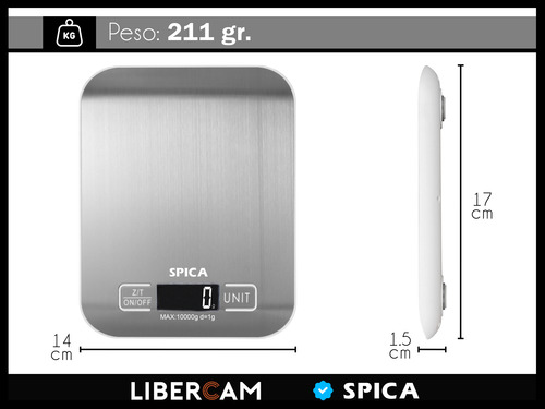 Balanza Alimentos Cocina Spica Bal-154 Hasta 10 Kg Digital Plateado 10 Kg