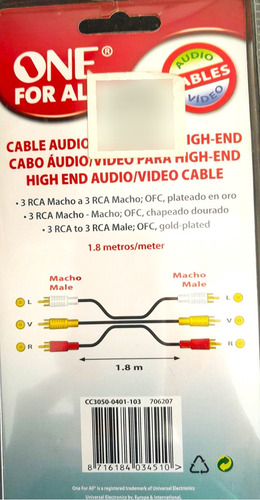 Cable Audio/video 3 Rca Macho A Macho- One For All Importado