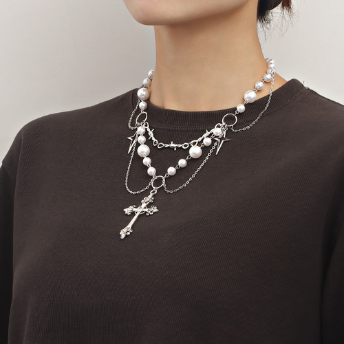 Collar Simple Con Cuentas De Perlas En Capas De Estilo Punk