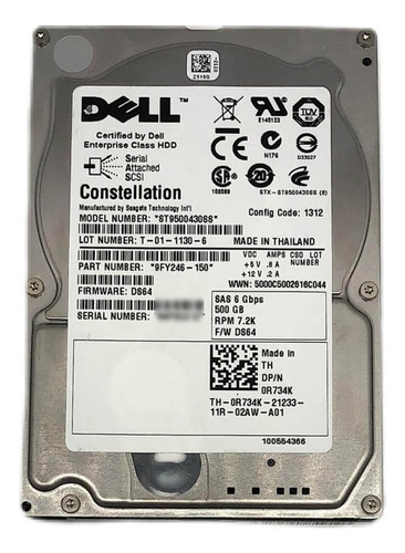 Disco Duro Dell 500gb 7.2k Sas 2.5,servidor Gen 11-14,r734k (Reacondicionado)