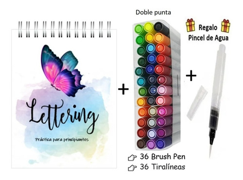 Pack Libro Lettering + 36 Brush Pen + 36 Tiralíneas + Pincel