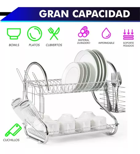 Escurridor de Trastes Rd Royal Cook M16146 color Plateado de 2 Niveles de  18 con Porta Vasos