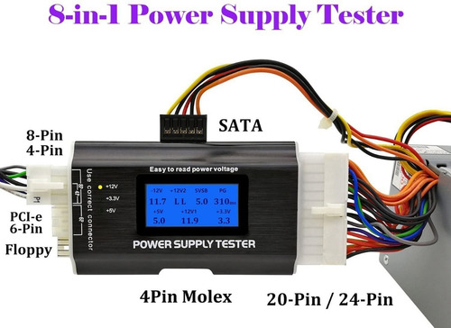 Tester Para Fuentes Atx, Mini Atx, Sata, Molex, 4p, 6p, 8p