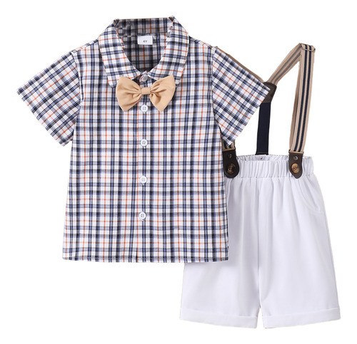 Conjunto A Cuadros Formal Para Niños Con Moño Y Tirantes Blanco 2-3 A