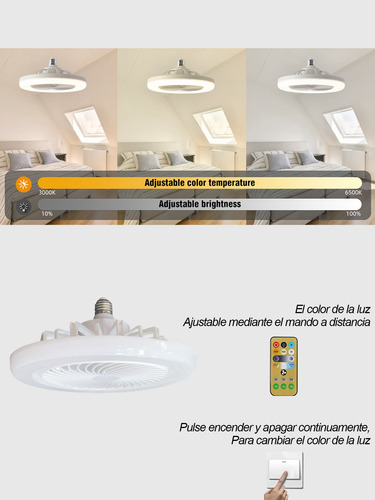 Lámpara Ventilador De Techo 3 Velocidades De Viento,remoto 25.5 Cm 50/60hz Blanco Blanco Plástico 5
