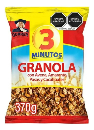 2 Pza Granola Quaker 3 Minutos Avena, Amaranto, Pasas Y Caca