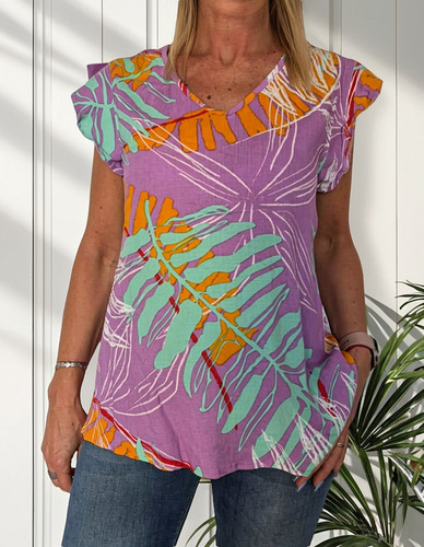 Blusa Dorita De Lino Viscosa Estampada ,escote V Tiendacinco