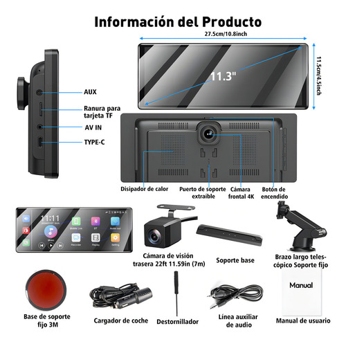 Estéreo portátil essgoo wifi 4K de 11.3 pulgadas 3 en 1 con dashcam y carplay