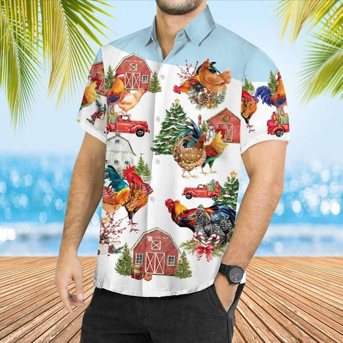 Camisa Hawaiana Unisex Con Diseño De Pollo Navideño, Camisa