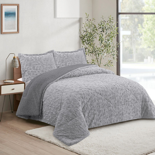 Cubrecama Doral 1.5 Plaza Plush Deluxe Con Sherpa Gris Plush Doral