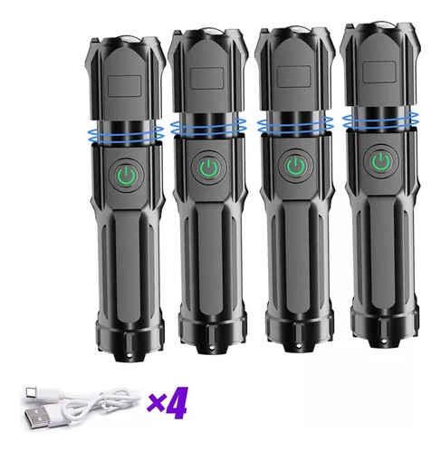 4 Lampara Táctica Ultra Potente Led Linterna Usb Recargable