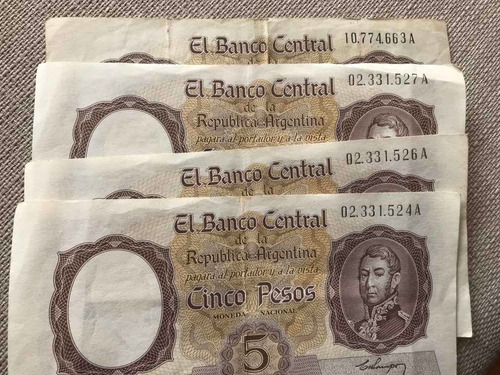 Antiguos Pesos Argentinos Sin Circular, 4 Billetes De 5 Peso