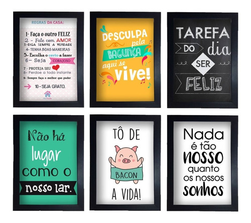 Kit 6 Quadros Decorativos Frases Com Moldura Retro Vintage