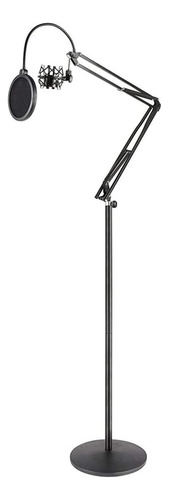 Soporte de Micrófono Pyle de Piso Ajustable con Brazo de Tijera Montaje Antivibración Filtro Anti-pop Adaptador de Rosca de 5/8" Construcción de Metal Duradero
