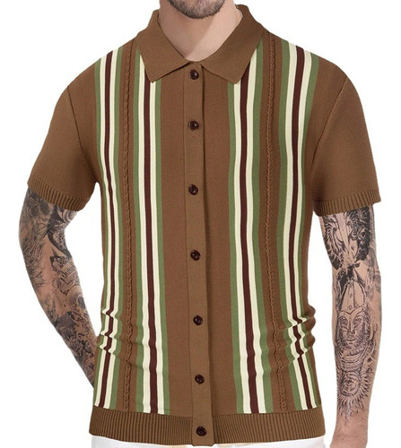 Camiseta De Polo De Punto Con Botones A Rayas Para Hombres