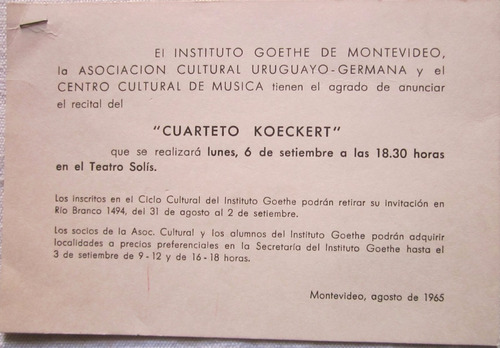 Antigua Invitacion Recital Cuarteto Koeckert Tatro Solis 196