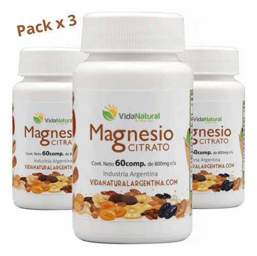 Suplemento en cápsula Vida Natural  Citrato de Magnesio carbohidratos en pote de 180mL 60 un pack x 3 u