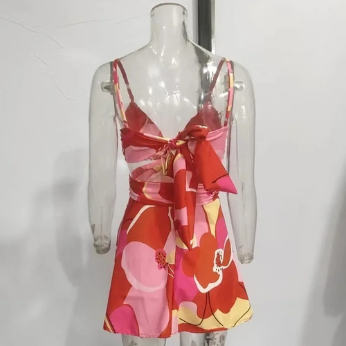 Minivestido Evasé Sin Mangas Con Cuello En V Y Estampado Flo