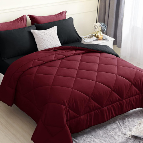 Hevumyi Juego De Edredon Rojo Queen De 7 Piezas, Cama Revers