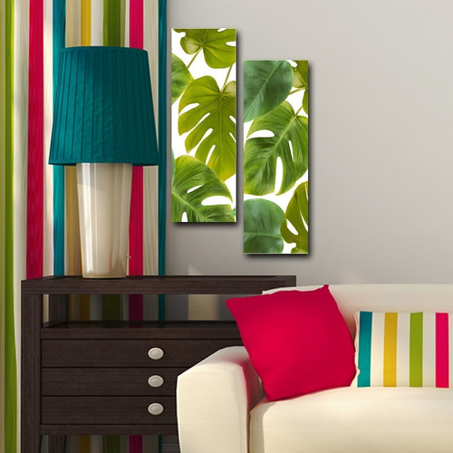 Imagem 2 de 5 de Quadros Para Sala Quarto Folhagem Verde Par 20x60cm R1