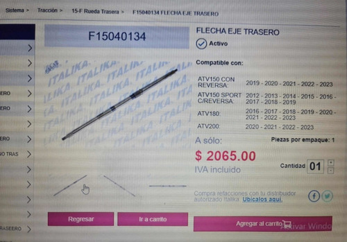 5 Ejes Traseros Flecha Italika Atv150 Atv180 Atv200 Mayoreo