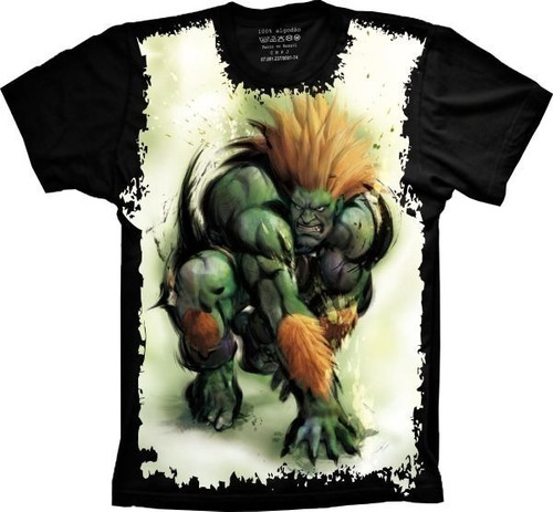 Camiseta Geek Plus Size Unissex Preta Street Fighter Blanka